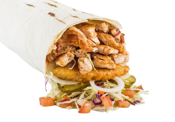 Shawarma, doner, kebab with chicken and potato pancake and vegetables. Isolated.