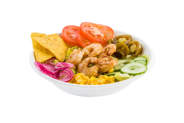 Vegetables with fried shrimps and nachos. Isolated
