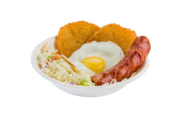 Potato pancake with fried egg and coleslaw salad and fried sausage. Isolated.