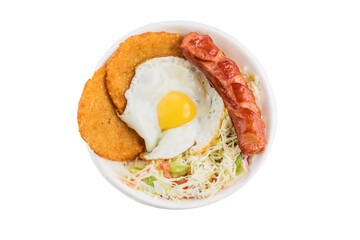 Potato pancake with fried egg and coleslaw salad and fried sausage. Isolated. Top view