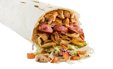 Shawarma, doner, kebab with chicken and fried sausage and vegetables. Isolated.