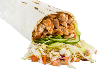Shawarma, doner, kebab with chicken and vegetables. Isolated.