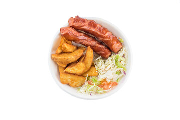 Salad with fried and American potato with German sausages. Isolated. Top view