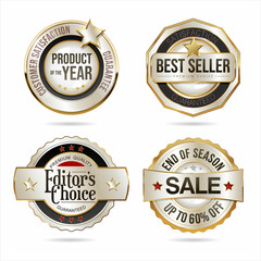 Collection of silver and gold badges on white background