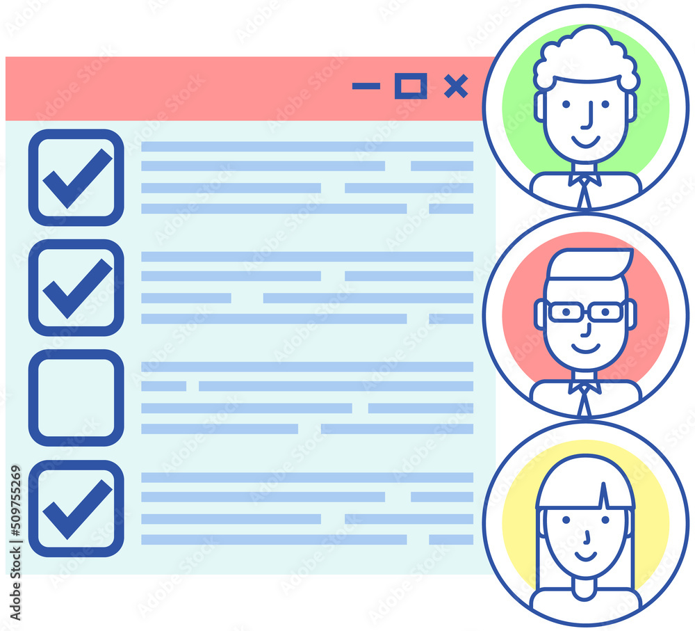 Poster paper checklist near user profile icons. digital document with data, text, survey in social media. w