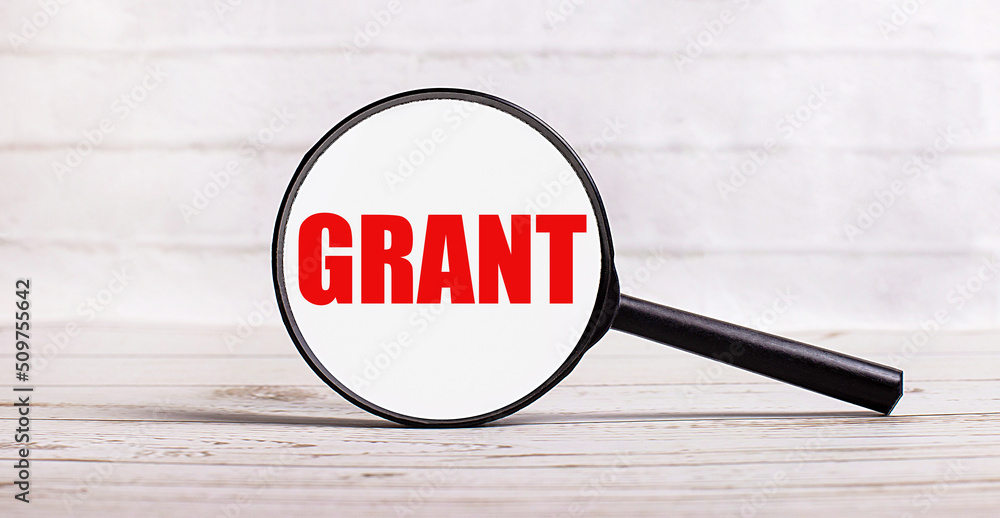 Poster the magnifying glass stands vertically on a light background with the text get grant