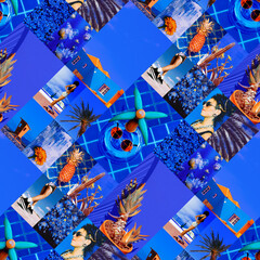 Set of trendy aesthetic photo collages. Minimalistic images of one top color. Deep Tropical Blue summer moodboard