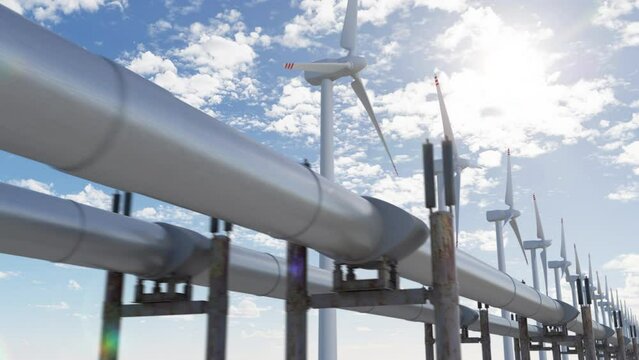Alternative and renewable energy with innovative wind turbines and credible gas main pipeline with lng. Two kind of the energy production and transportation for industrial and business needs, 3d loop.