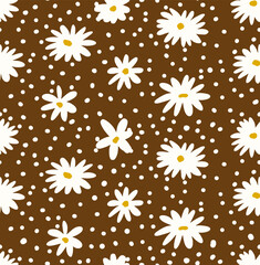 Abstract Hand Drawing Daisy Ditsy Chamomile Flowers and Dots Seamless Vector Pattern Isolated Background  