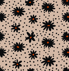 Abstract Hand Drawing Daisy Ditsy Chamomile Flowers and Dots Seamless Vector Pattern Isolated Background   © Didem