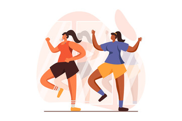 Fototapeta na wymiar Fitness web concept in flat design. Woman in sports uniform does cardio workout and follows personal trainer instructions. Instructor trains sportswoman in gym. Illustration with people scene
