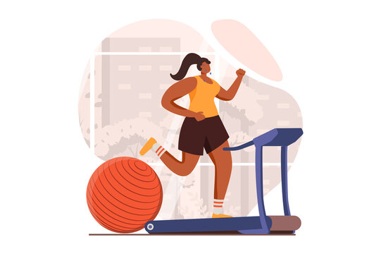 Fitness web concept in flat design. Woman in sports uniform does cardio workout and runs on treadmill in sports club. Sportswoman training and exercising in gym. Illustration with people scene