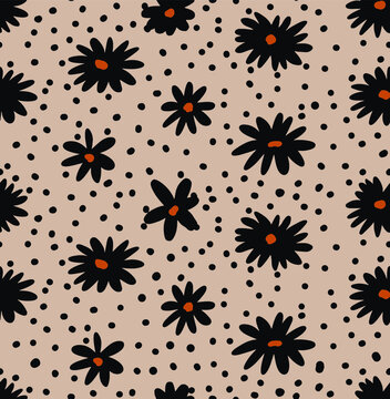 Abstract Hand Drawing Daisy Ditsy Chamomile Flowers and Dots Seamless Vector Pattern Isolated Background  