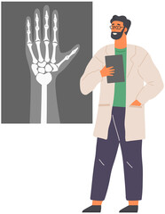 Doctor analyzes results of medical checkup. Male scientist looking at x-ray of human hand vector illustration. Treatment, health care, diagnosis concept. Specialist diagnoses patient by roentgen
