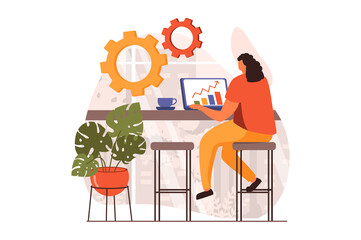 Fototapeta Freelance working web concept in flat design. Woman sitting at table, making marketing research or financial report. Remote worker doing tasks online at home. Illustration with people scene obraz