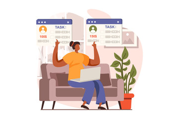 Freelance working web concept in flat design. Woman choosing task with best price at website with job for freelancers. Remote worker doing tasks online at home. Illustration with people scene