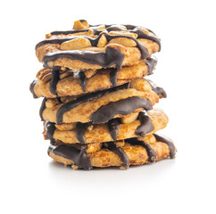 Chip cookies with peanuts and chocolate strips isolated on white background.