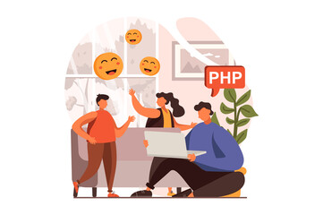 Freelance working web concept in flat design. Developer programming in php and creates software, children playing at living room. Remote worker at home office. Illustration with people scene