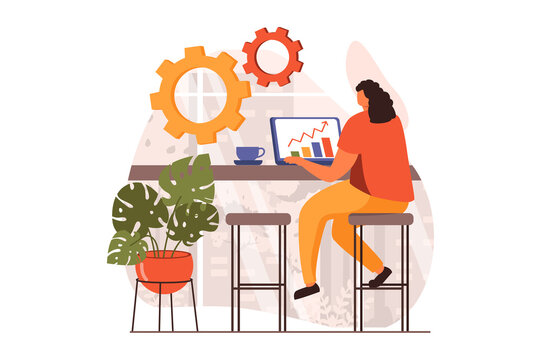 Freelance working web concept in flat design. Woman sitting at table, making marketing research or financial report. Remote worker doing tasks online at home. Illustration with people scene