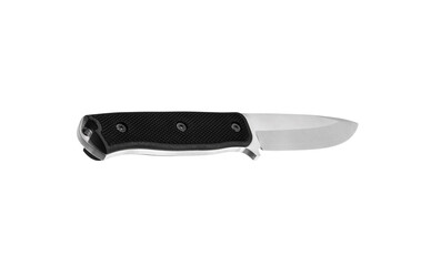Modern hunting knife with silver blade and rubber handle. Steel arms. Isolate on a white back