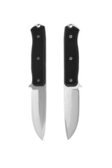 Modern hunting knife with silver blade and rubber handle. Steel arms. Isolate on a white back