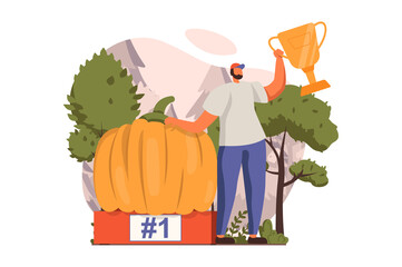 Happy competition champions web concept in flat design. Farmer standing near huge pumpking and winning first place. Victory celebration and goals achivement. Illustration with people scene