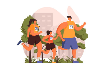 Fototapeta Healthy families web concept in flat design. Happy father, mother and daughter in sportswear running at marathon. Parents and child training together outdoors. Illustration with people scene obraz