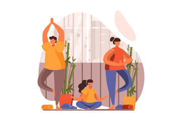 Healthy families web concept in flat design. Happy father, mother and daughter doing yoga asanas and meditation. Parents and child training together at home. Illustration with people scene