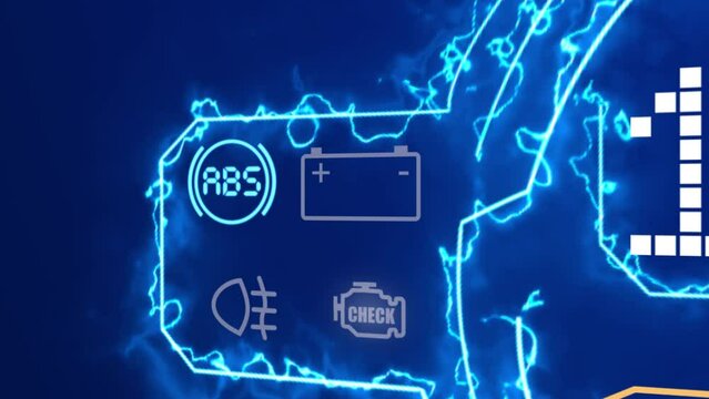 ABS warning light in car dashboard. close-up of a futuristic dashboard of a hybrid car, changing drive mode
