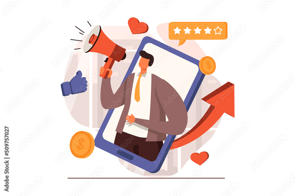 Aufkleber Marketing web concept in flat design. Man with megaphone making advertising campagn in social media. Digital marketing and promotion in mobile application. Illustration with people scene