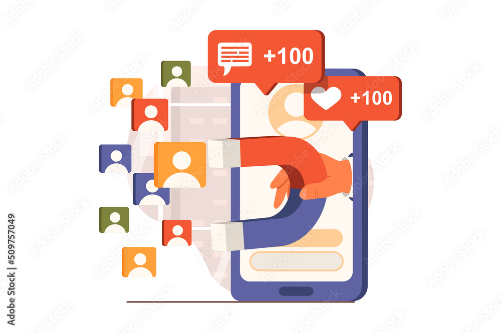 Poster marketing web concept in flat design. human hand holding magnet and attracting new clients in social