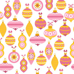 Seamless pattern of Christmas balls. Vector hand-drawn illustration of retro decorations for the holidays. Cute Pastel Palette.