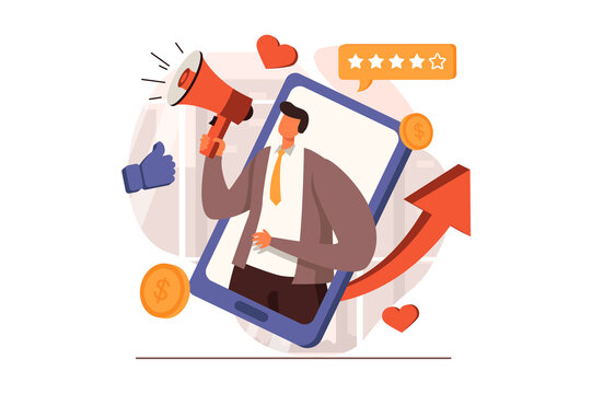 Marketing web concept in flat design. Man with megaphone making advertising campagn in social media. Digital marketing and promotion in mobile application. Illustration with people scene