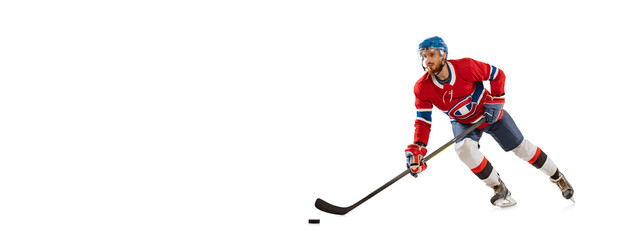 Flyer with young male hockey player in sports uniform and protective equipment training isolated on white background. Concept of sport, health, motion, movement, action.