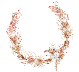 Watercolor tropical bouquet with dried palm leaves and flowers Hand-painted exotic illustration