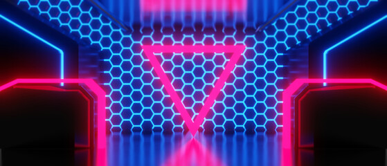abstract backgound video game of esports scifi gaming cyberpunk, vr virtual reality simulation and metaverse, scene stand pedestal stage, 3d illustration rendering, futuristic neon glow room © issaronow