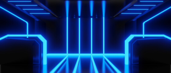 abstract backgound video game of esports scifi gaming cyberpunk, vr virtual reality simulation and metaverse, scene stand pedestal stage, 3d illustration rendering, futuristic neon glow room © issaronow