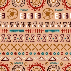 Seamless ethnic pattern with repeating tribal ornament print. Endless folk background with ancient Mexican elements, shapes, borders. Fabric texture design. Colored flat graphic vector illustration
