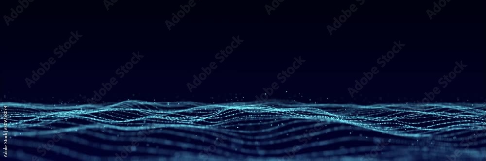 Poster Dynamic blue particle wave. Futuristic point wave. Flow digital structure. Data technology background. 3D rendering.