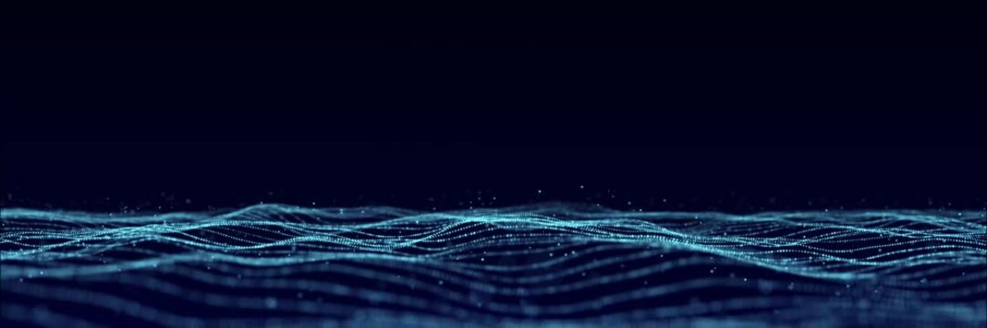 Dynamic blue particle wave. Futuristic point wave. Flow digital structure. Data technology background. 3D rendering.