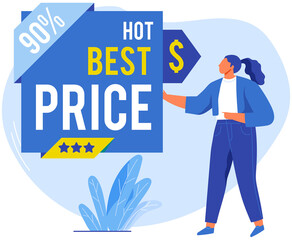 Hot best price on products of premium quality. Good deal for people. Female character offering, advertising sale vector illustration. Best price with discount in store. Woman on black friday sale.
