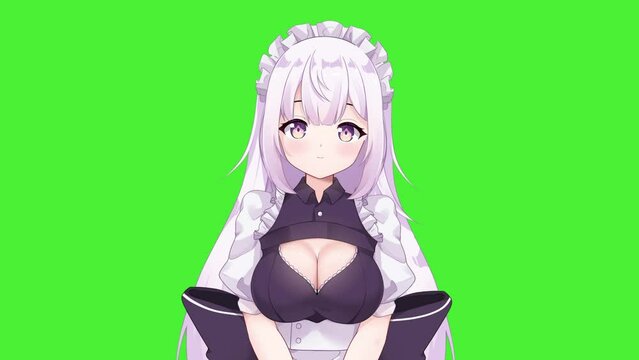 Maid 2D anime girl character portrait lip sync animation on green screen 4K