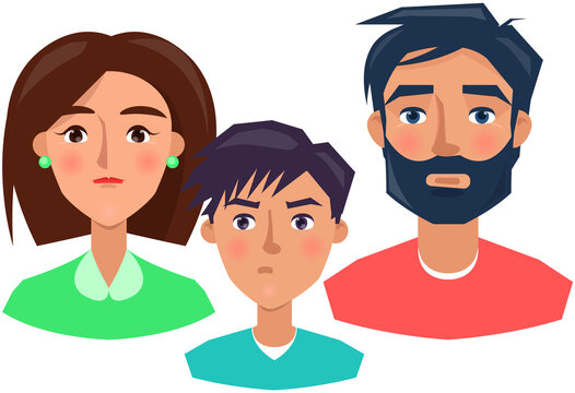 Neutral face expressions of people. Cartoon characters with emotion of calmness, indifference. Expressing human emotion concept. Set of calm faces vector illustration. Indifferent man, woman and child