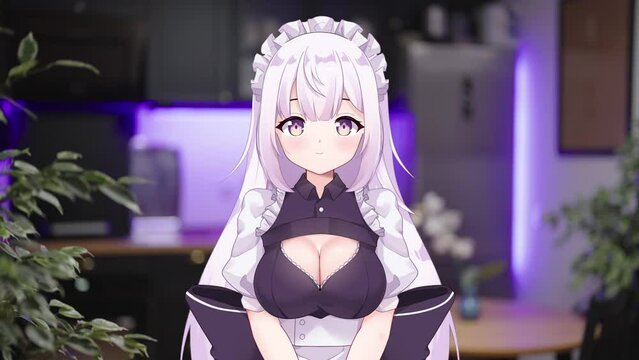 Maid 2D anime girl vtuber portrait get shy in kitchen talking to camera 4K