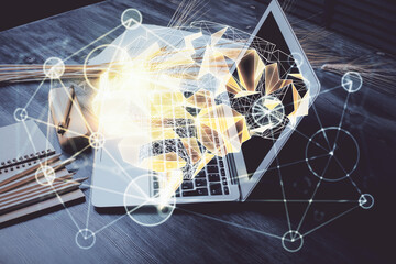 Double exposure of desktop with computer and brain drawing hologram. Artificial intelligence concept.