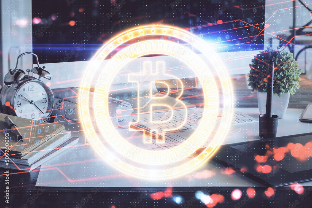Aufkleber multi exposure of blockchain and crypto economy theme hologram and table with computer background. c