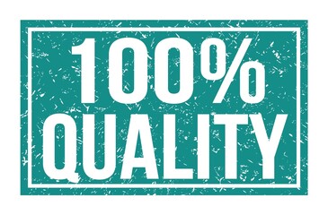100% QUALITY, words on blue rectangle stamp sign