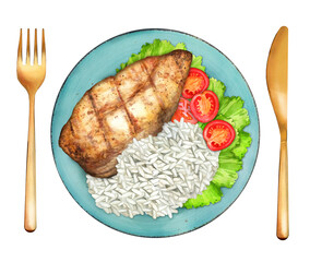 Chicken breast with rice and tomatoes watercolor
