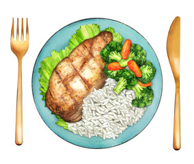 Chicken breast with rice and broccoli watercolor
