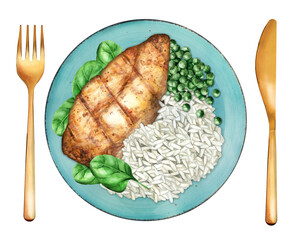 Chicken breast with rice and peas watercolor